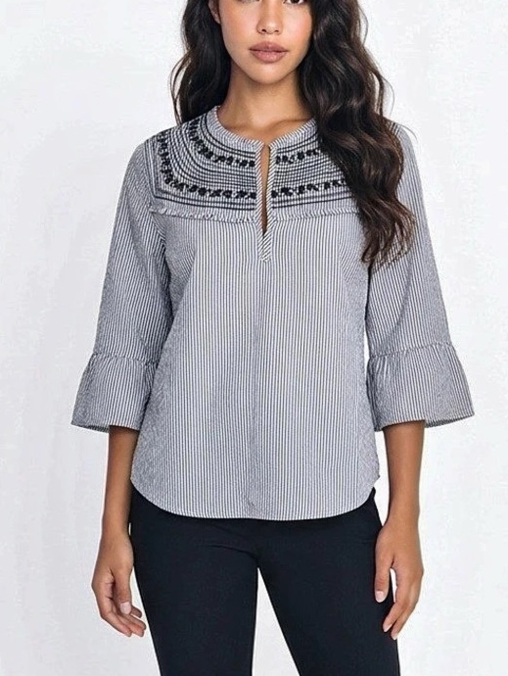Coco Colette Blue White Medium Striped Embroidered Neck 3/4 Bell Slv Top